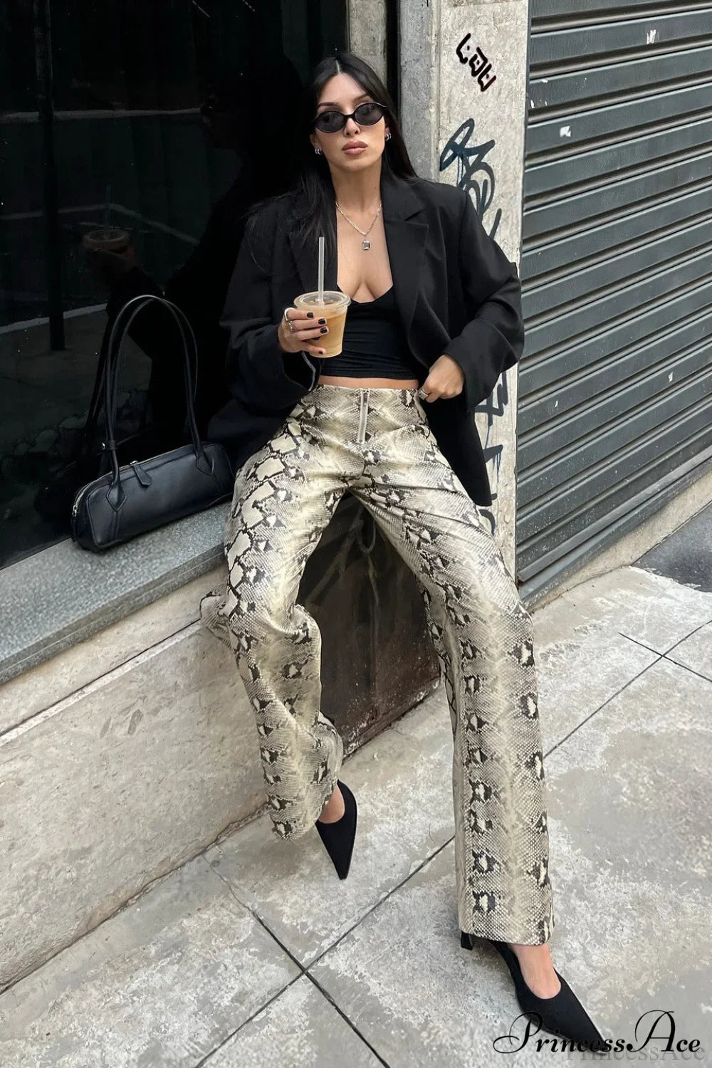 Low-Waist Snake Print Wide-Leg Jeans