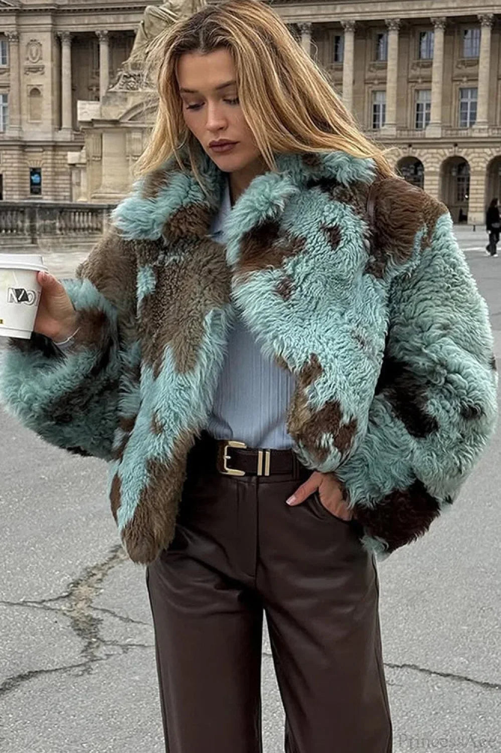 Mixed Color Printed Long Sleeve Cropped Faux Fur Coat