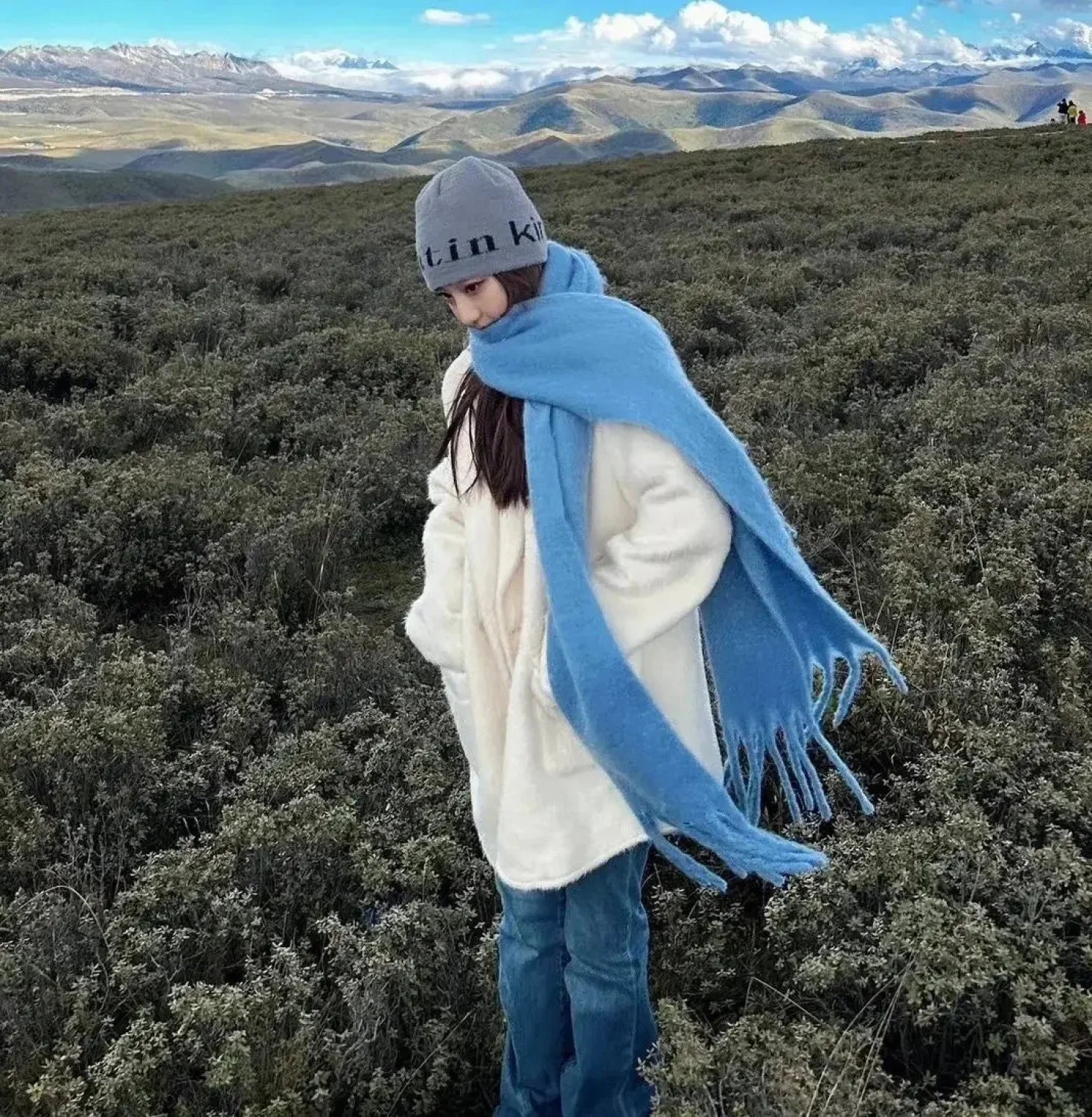 Mohair-Winterschal – Einfarbig, Verdickte Wolle, Mit Fransen