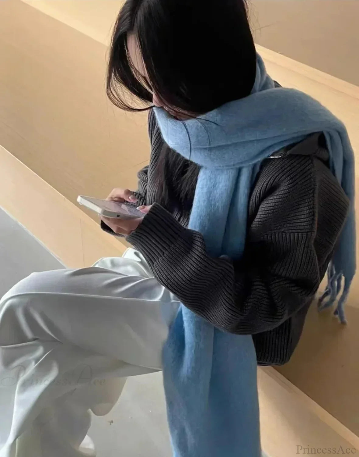 Mohair-Winterschal – Einfarbig, Verdickte Wolle, Mit Fransen