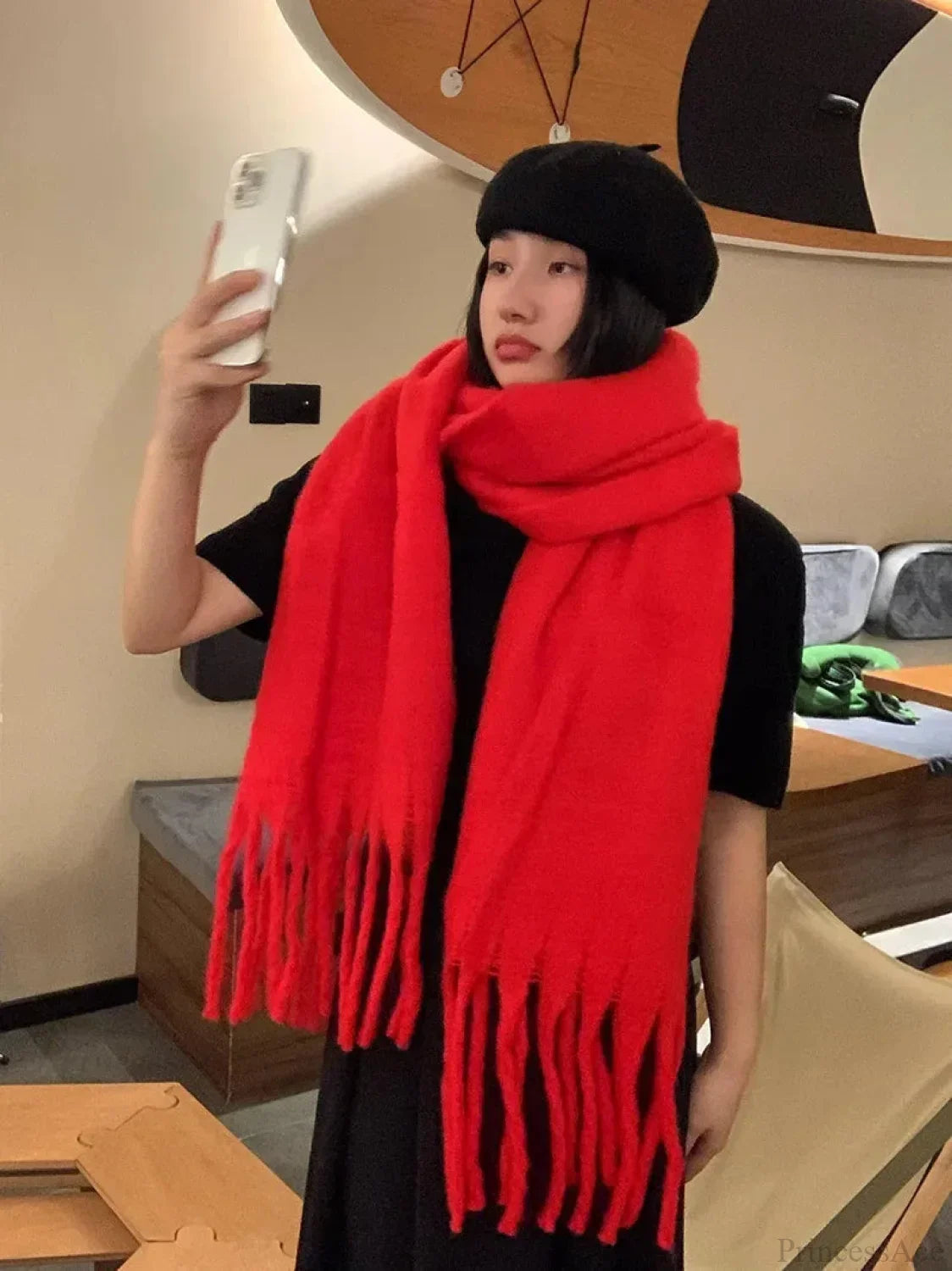 Mohair-Winterschal – Einfarbig, Verdickte Wolle, Mit Fransen