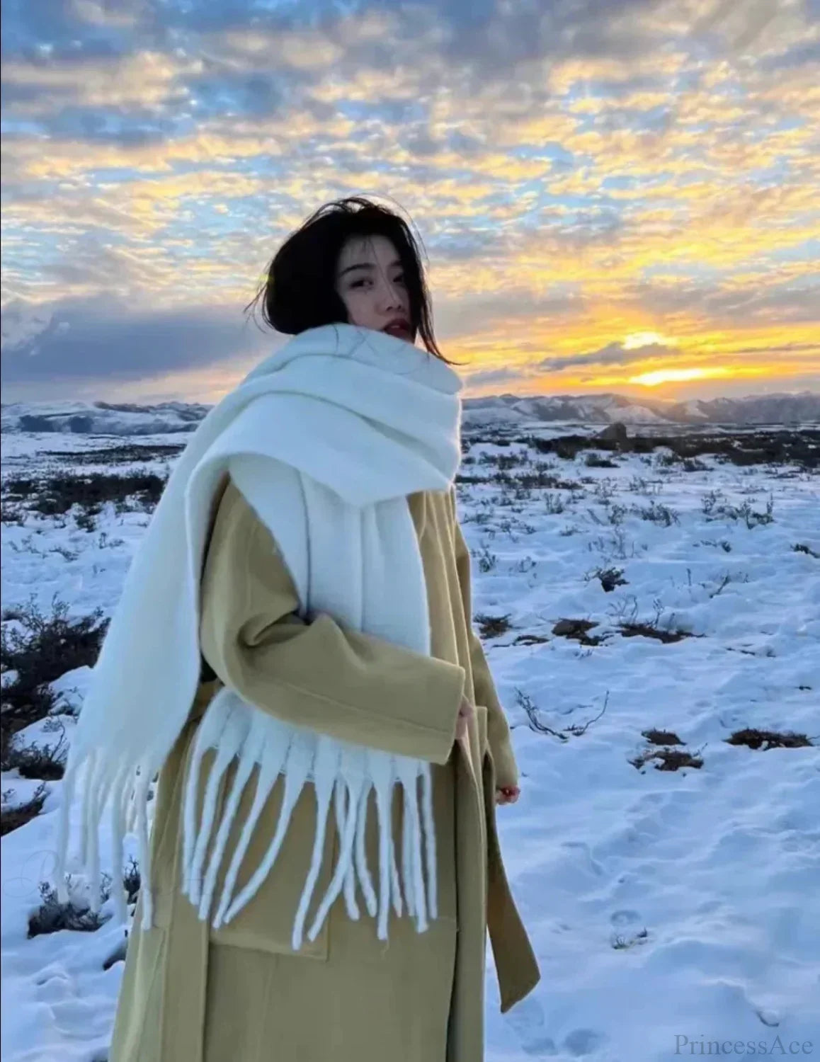 Mohair-Winterschal – Einfarbig, Verdickte Wolle, Mit Fransen