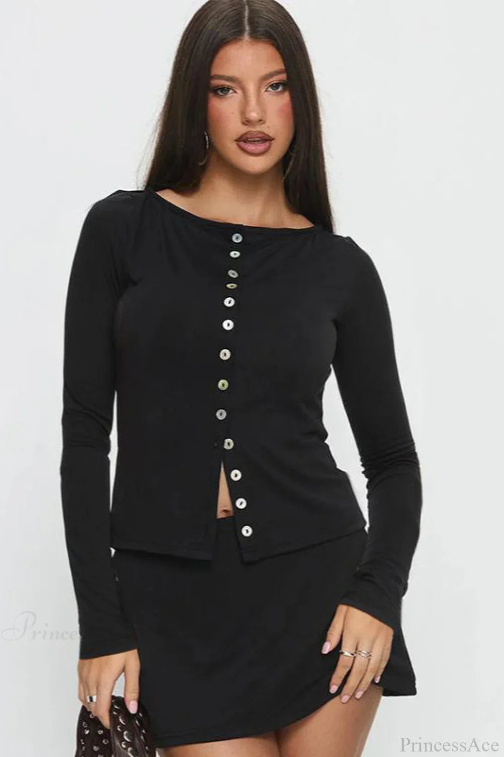 Multi-Button Fitted Solid Long Sleeve Tee