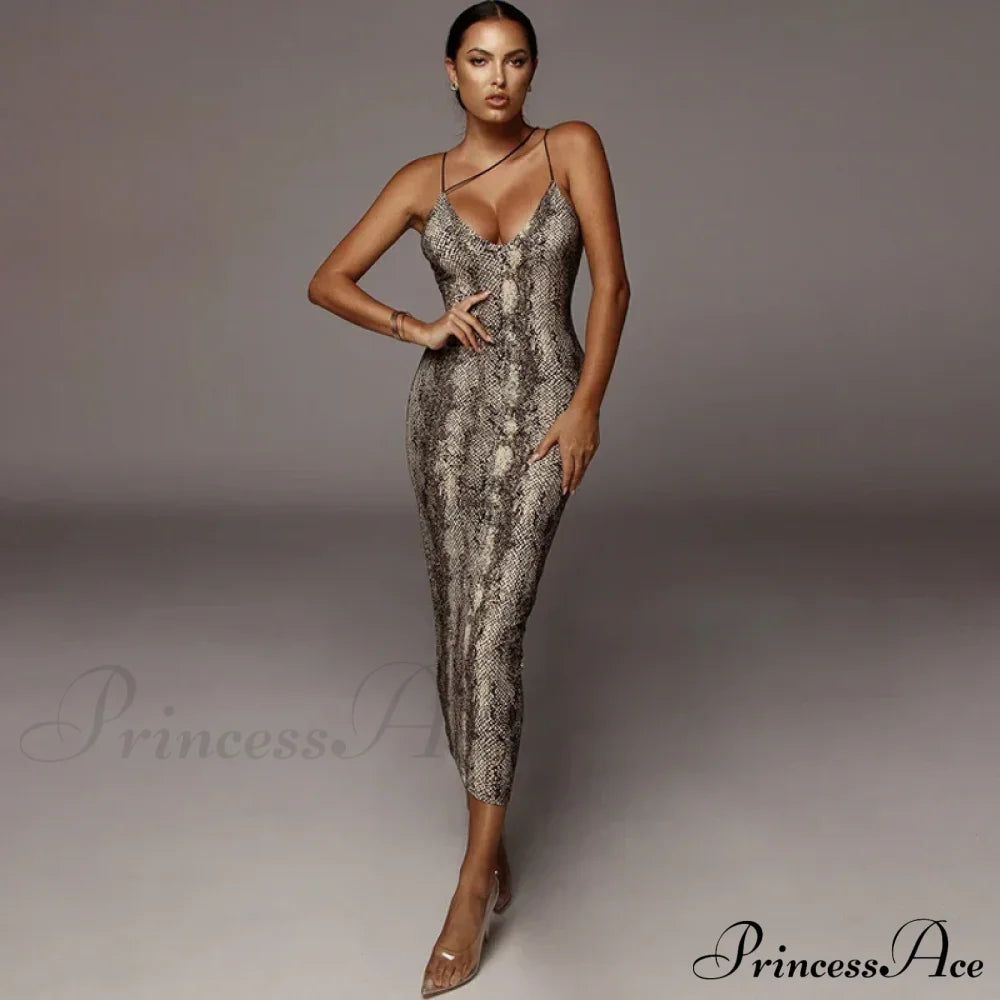 New Sexy Spaghetti Strap Leopard Print Sleeveless V-neck Maxi Evening Party Bodycon Dress
