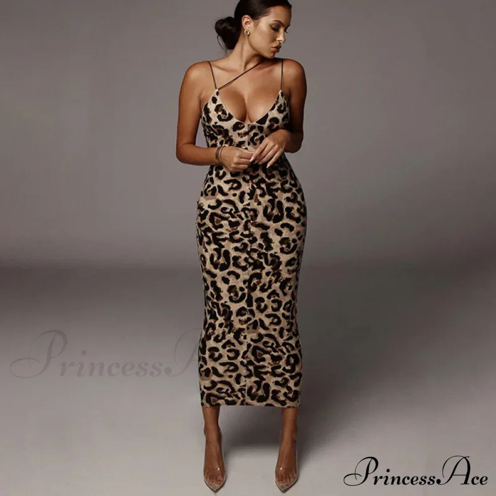 New Sexy Spaghetti Strap Leopard Print Sleeveless V-neck Maxi Evening Party Bodycon Dress