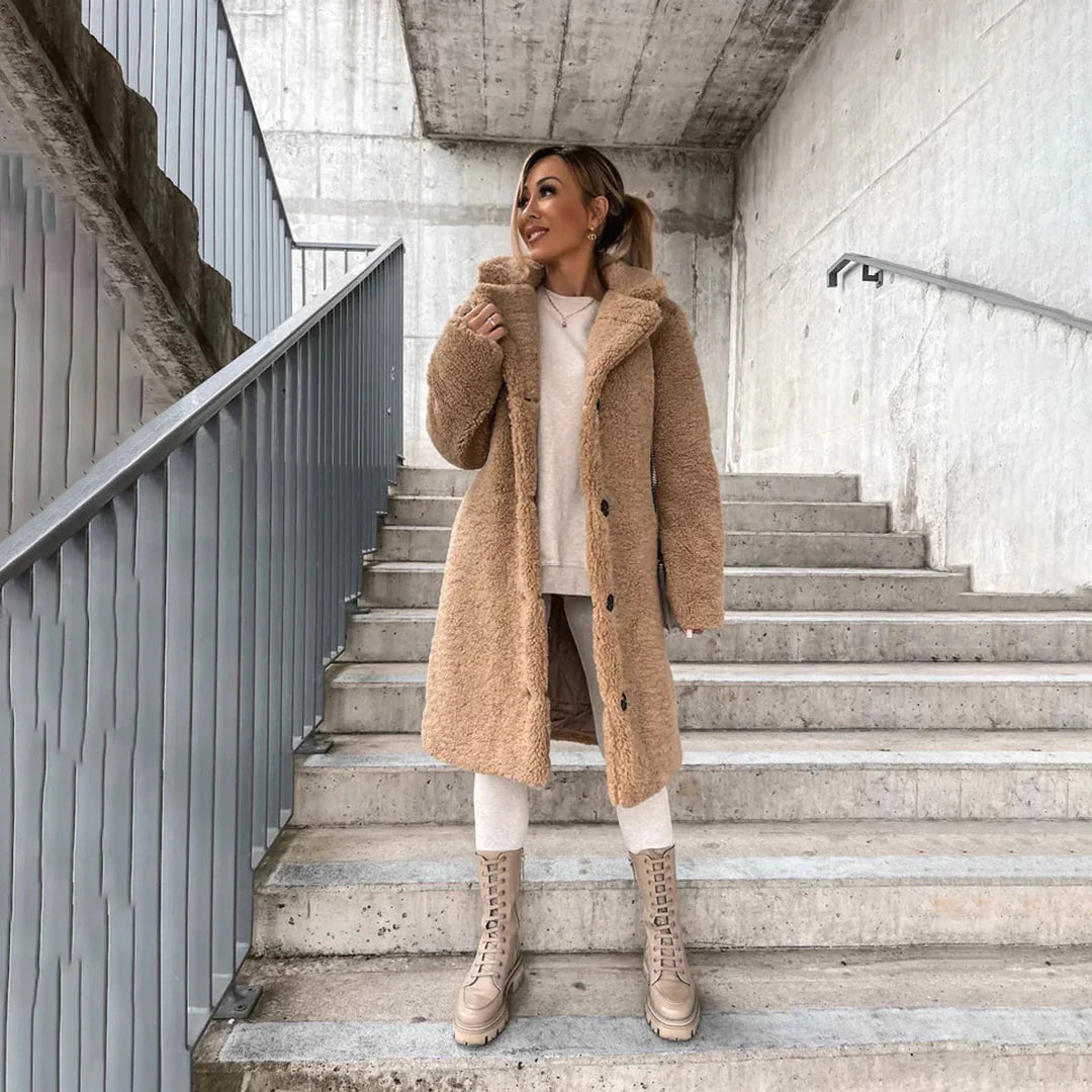Manteau teddy long col revère Femme