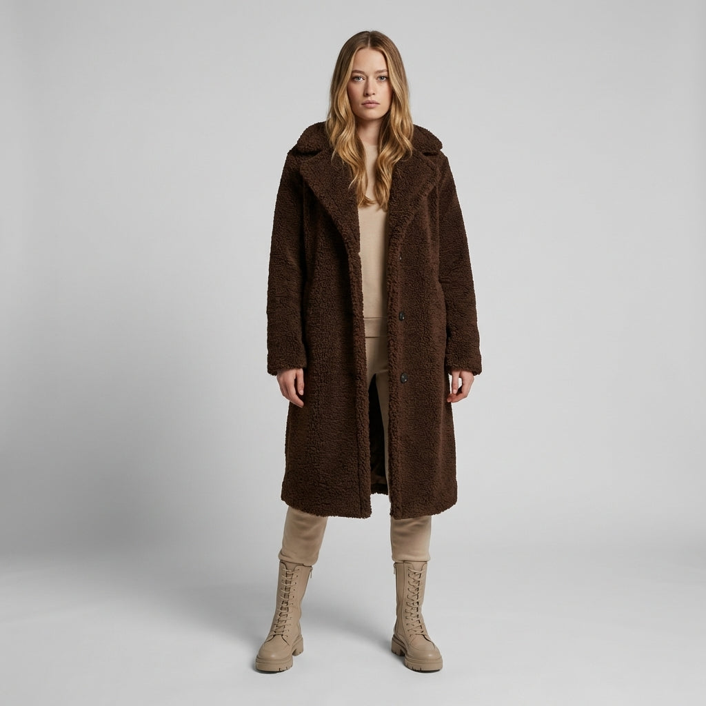 Manteau teddy long col revère Femme