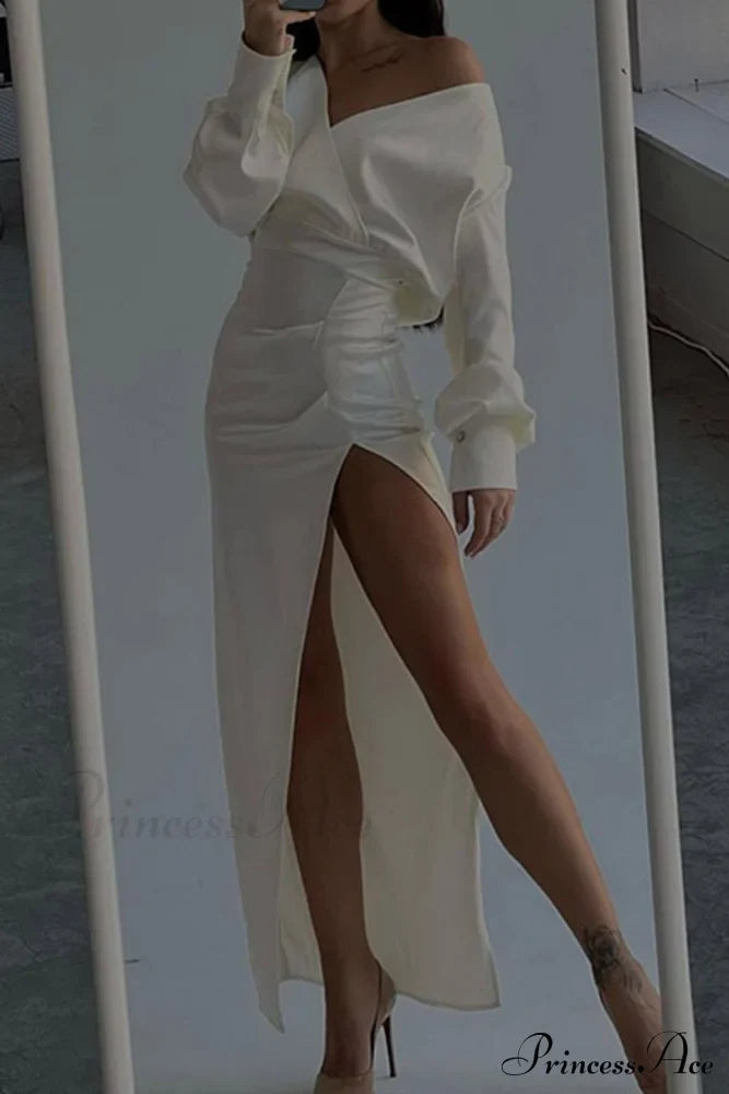 Off Shoulder Satin Dress with Gathered Silt
