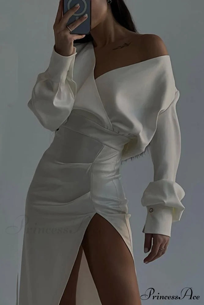 Off Shoulder Satin Dress with Gathered Silt