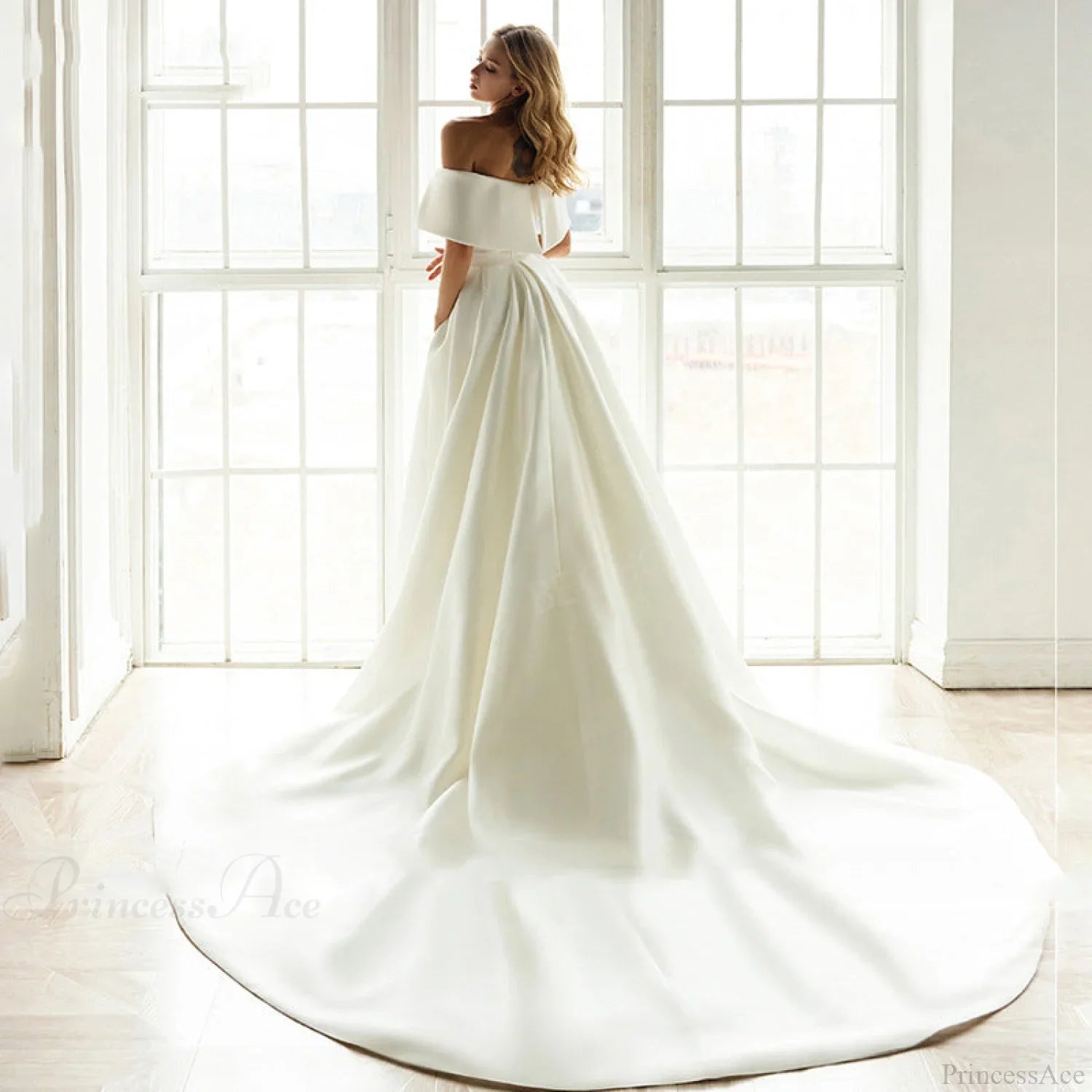 Off-Shoulder Satin Tail Wedding Dress