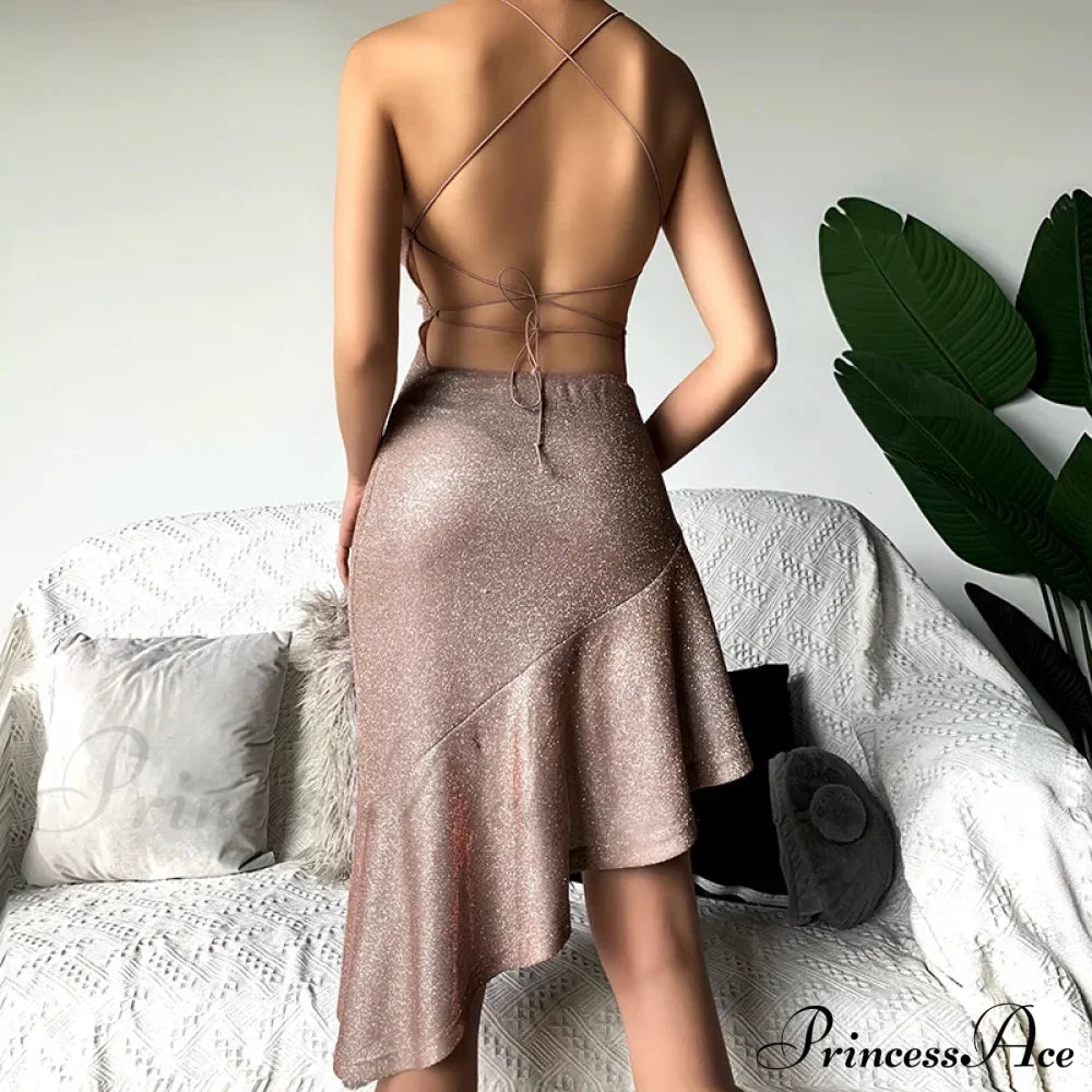 Party Backless Asymmetry Ruffles Hem Spaghetti Strap V-Neck Sleeveless Mini Lace up Bodycon Dress