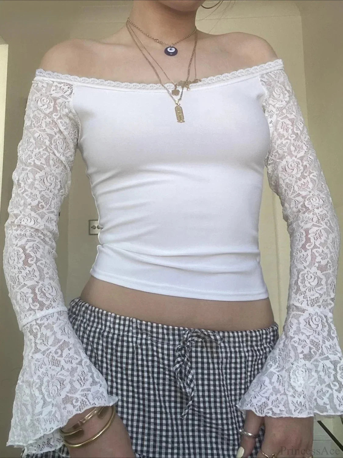 Patchwork Lace Slim Slash Neck Flare Sleeve Long Sleeve Knit Top