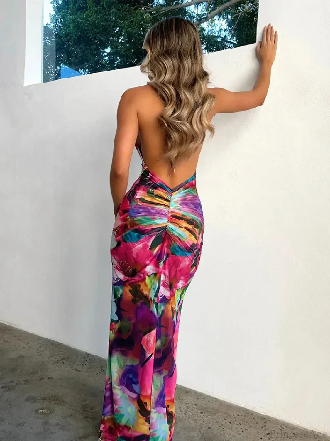 Perspective Print Halter Maxi Vacation Dress