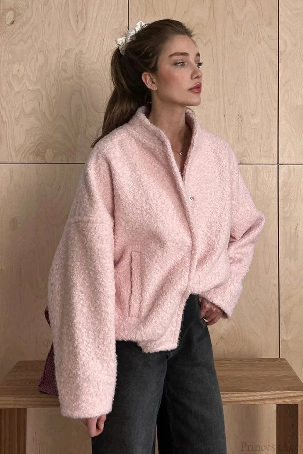 Pink Casual Stand Collar Fleece Jacket