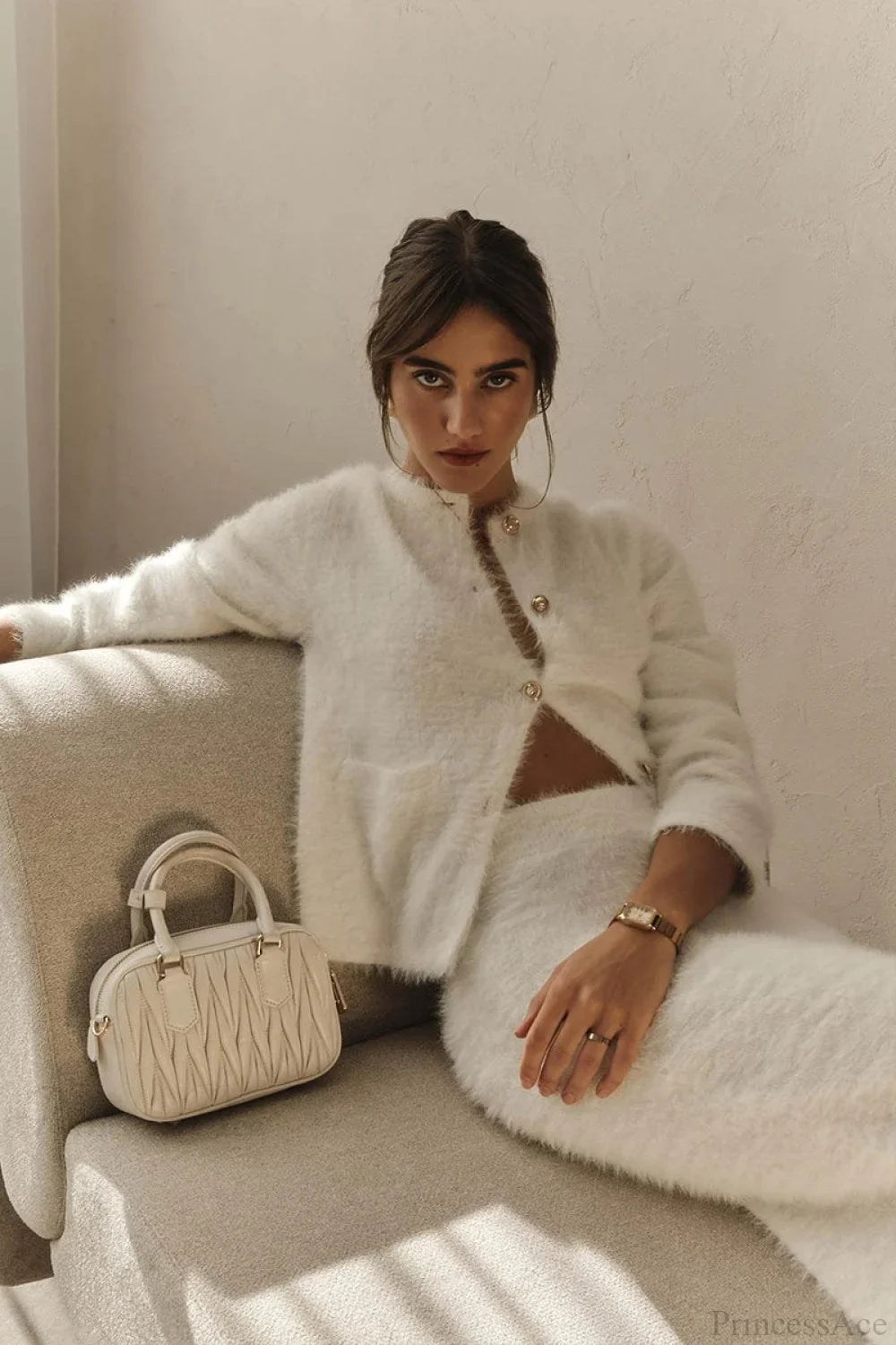 Ensemble deux pièces en peluche à manches longues, boutonné devant, ouvert