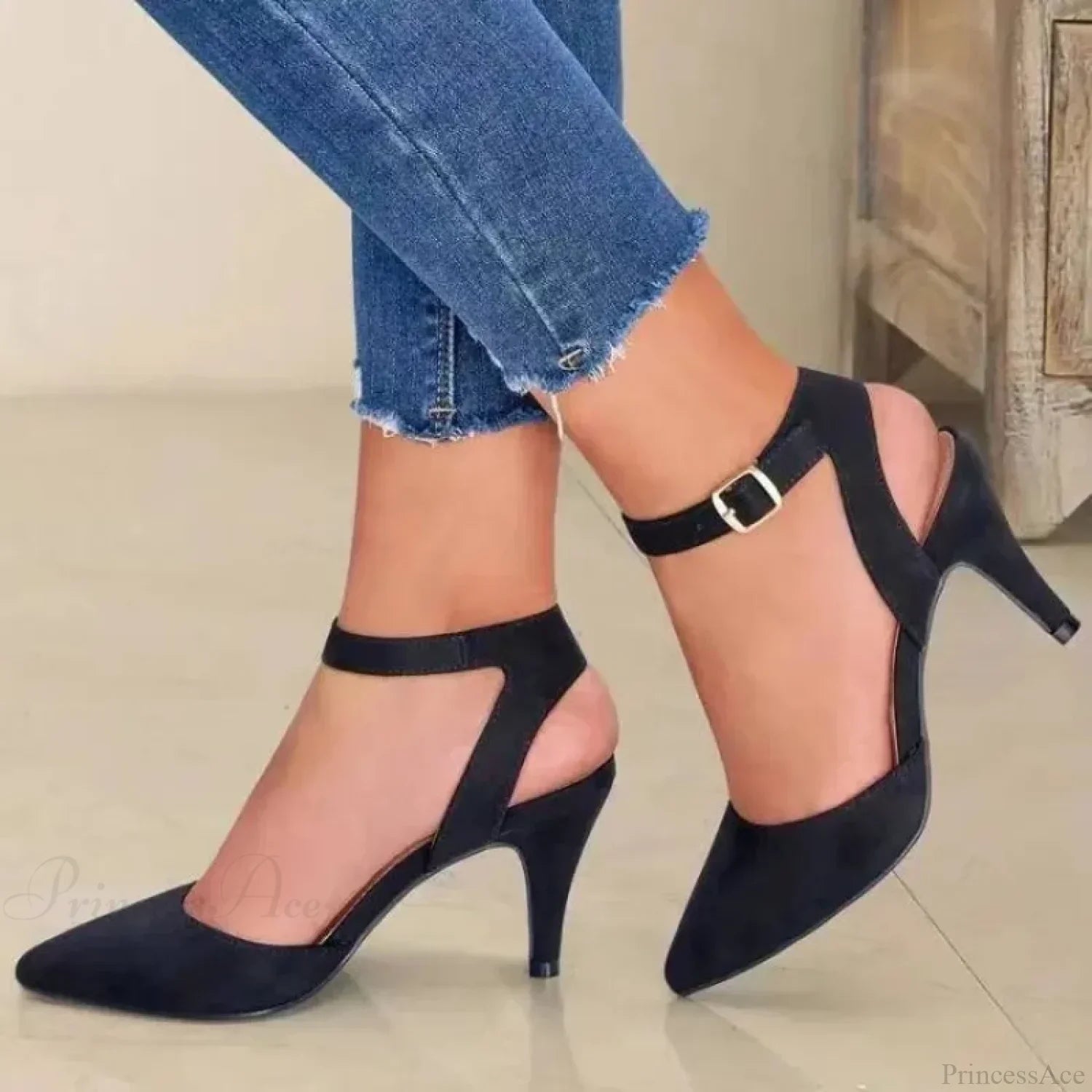 Pointed Wrap Hollow Out Ankle Strap Dating Office Sandals Low Heel Pump