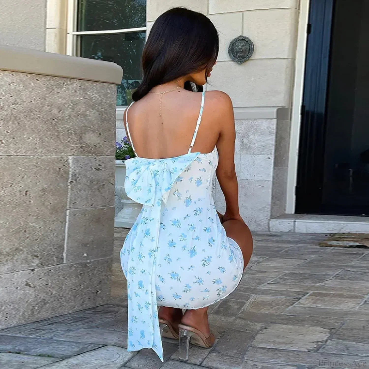 Print Slim Bow Backless Mini Vacation Dress