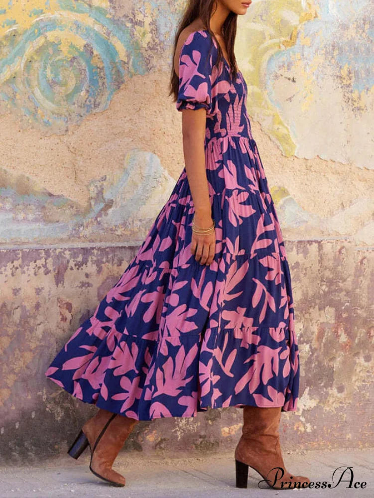 Puff Sleeve Square Charming Neck Printed Midi Dress