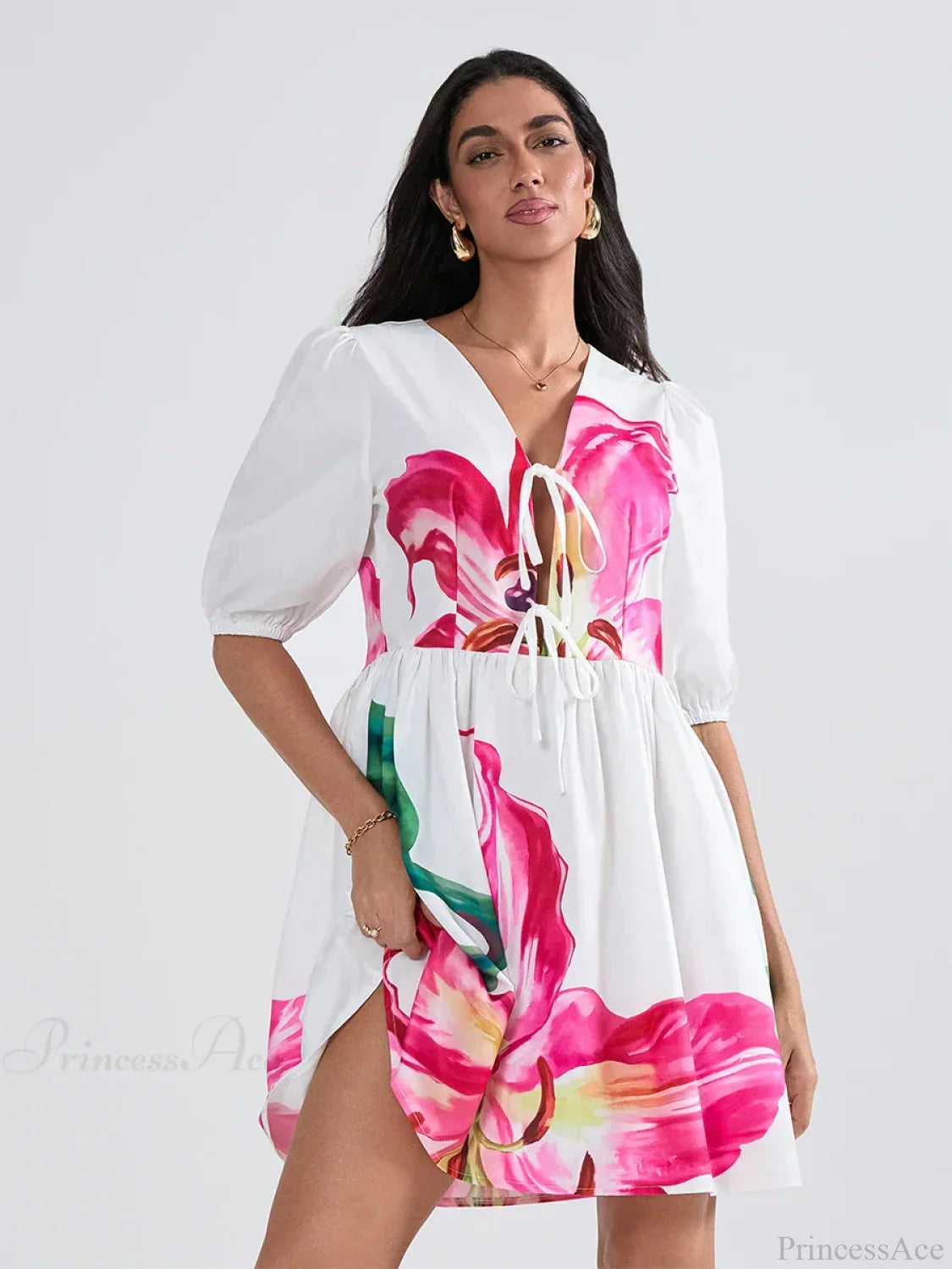 Mini-Kleid mit Puffärmeln, Schnürung und A-Linien-Schnitt, floral gemustert