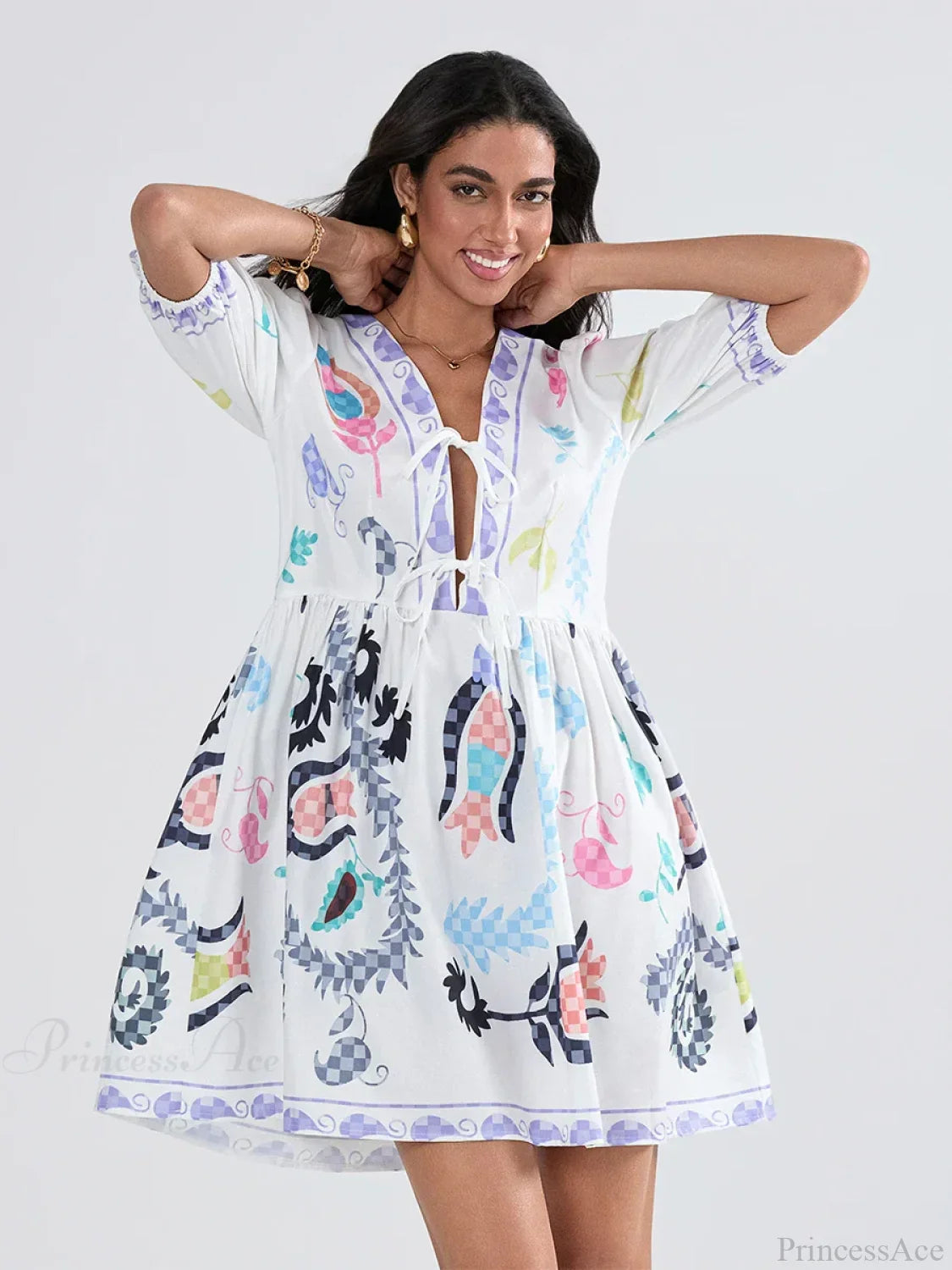 Mini-Kleid mit Puffärmeln, Schnürung und A-Linien-Schnitt, floral gemustert