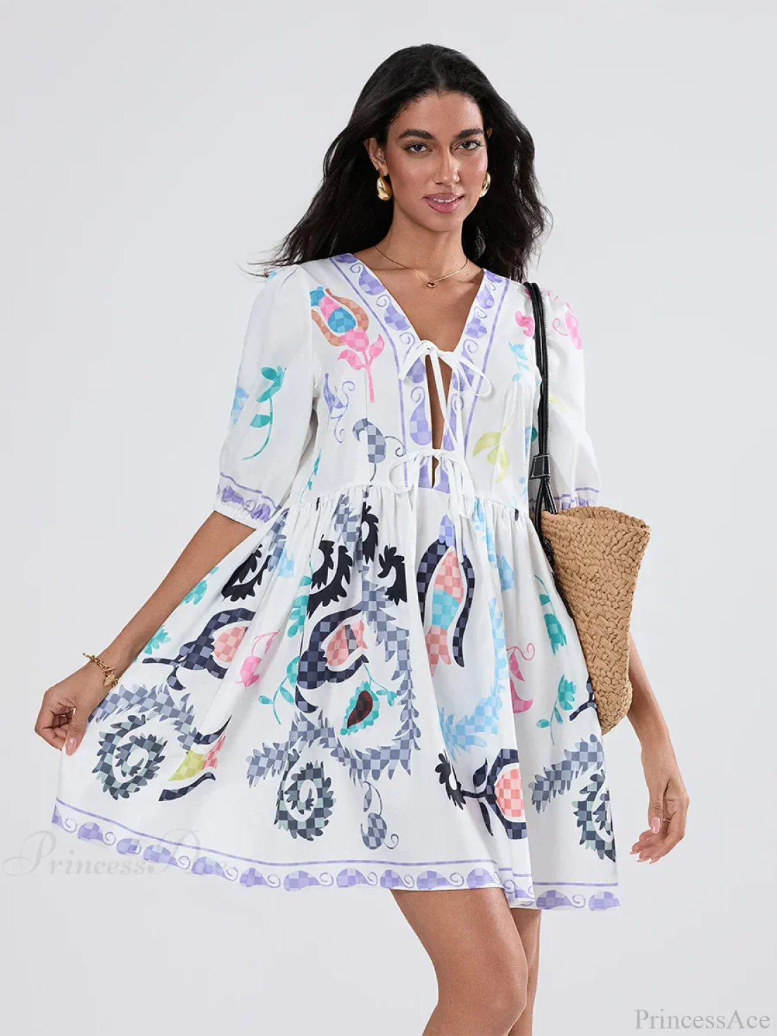 Mini-Kleid mit Puffärmeln, Schnürung und A-Linien-Schnitt, floral gemustert