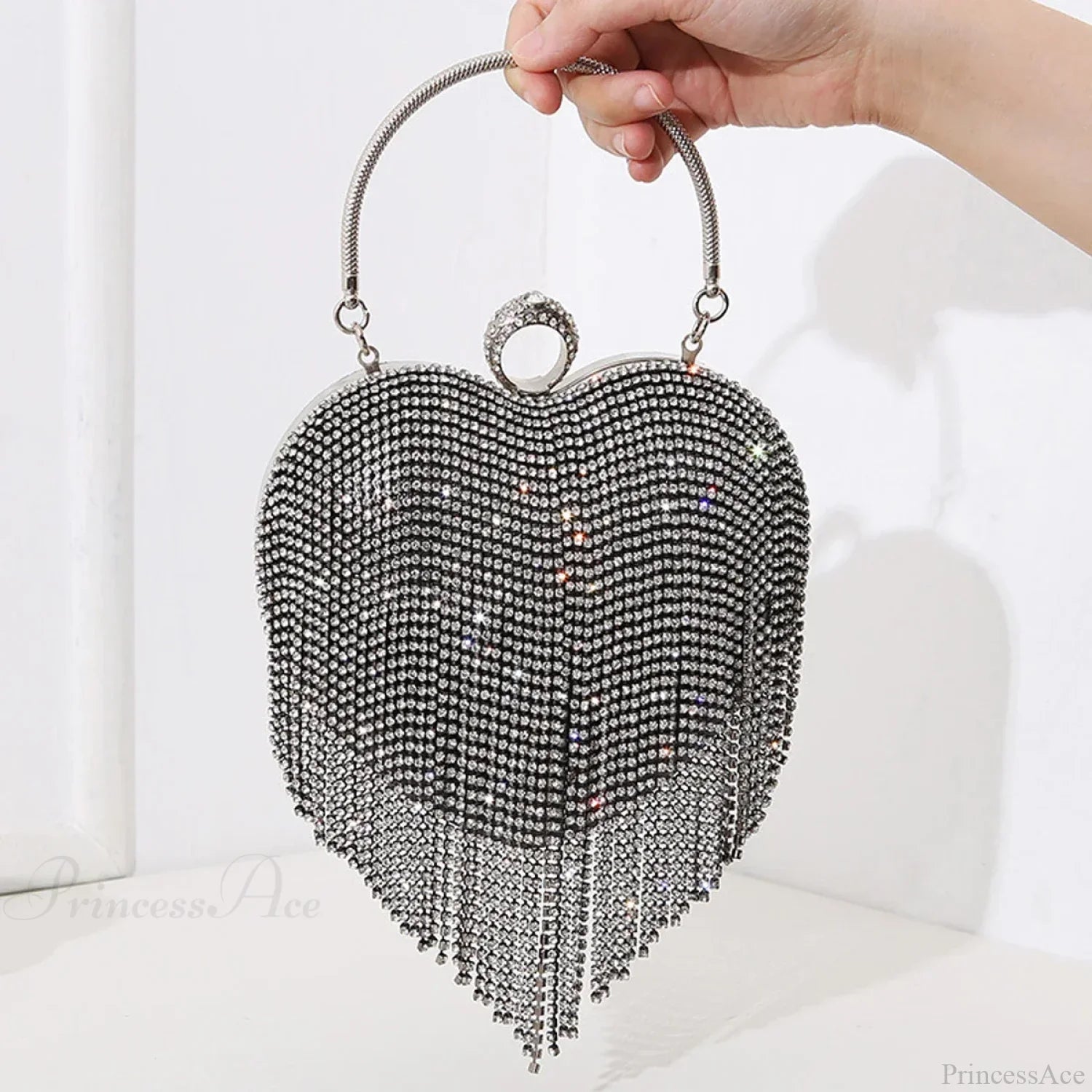 Rhinestone Heart Pattern Silver Evening Clutch Wedding Bridal Purse