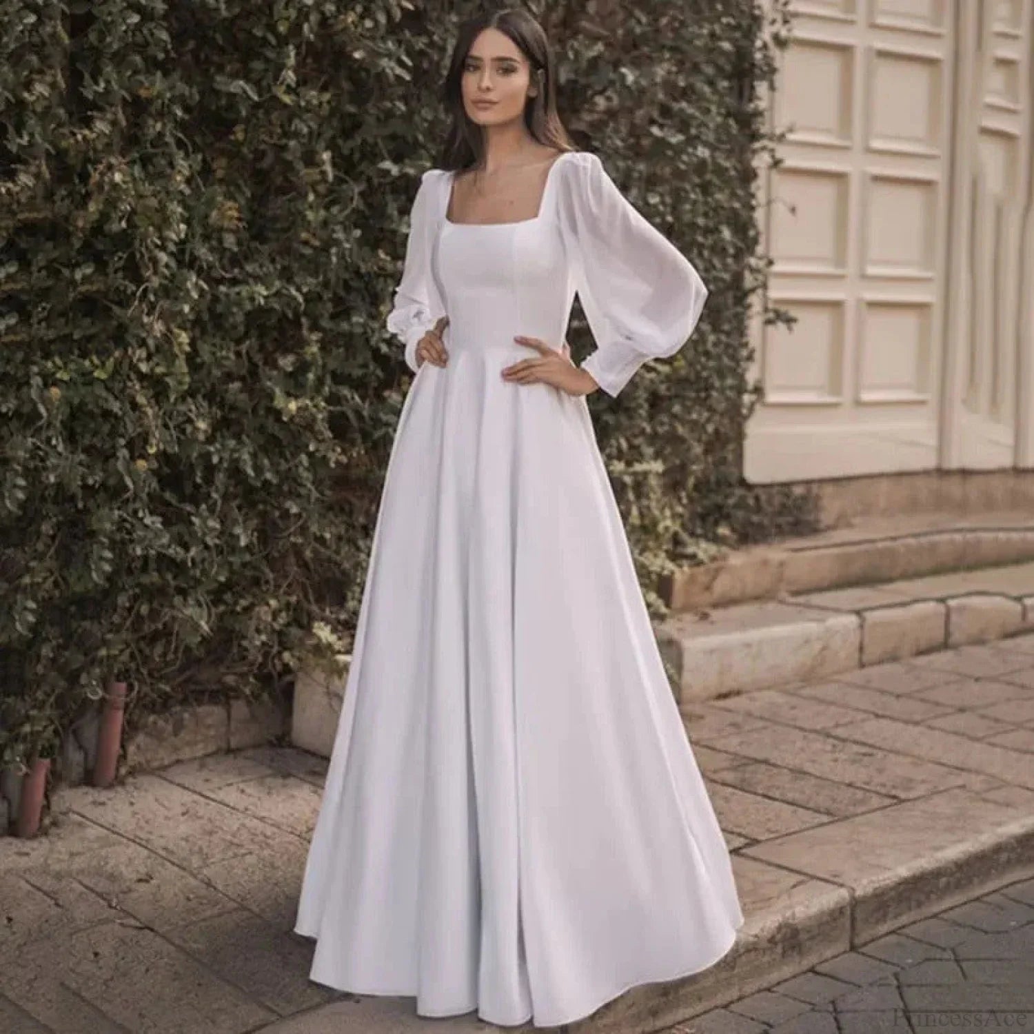 Satin Chiffon Sleeve Backless Wedding Dress