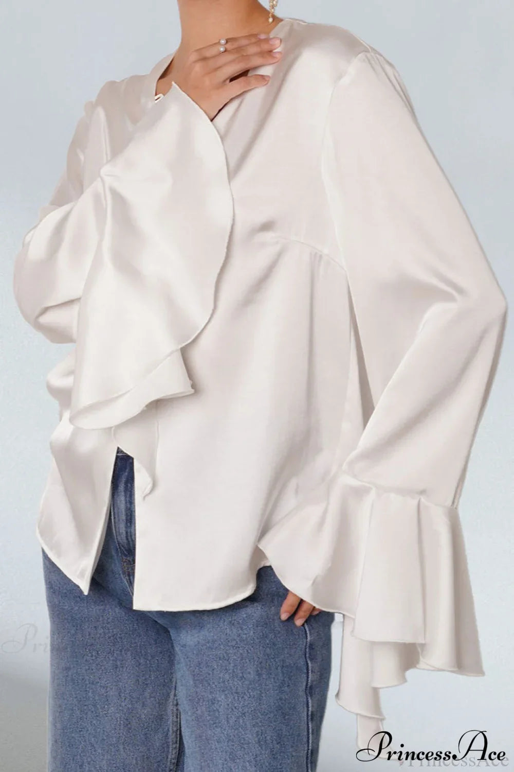 Satin Ruffled Solid Color Blouse