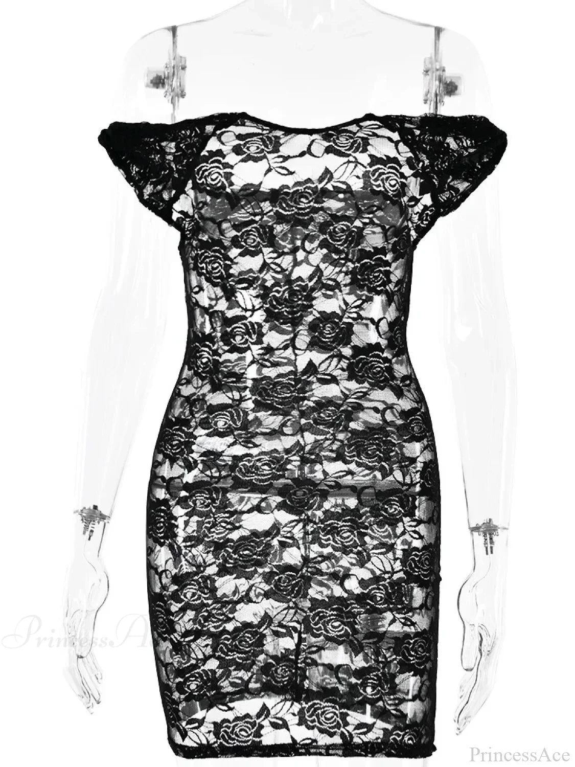Durchsichtige Spitzen-Blumen-Bodycon-Minikleid mit Carmenausschnitt