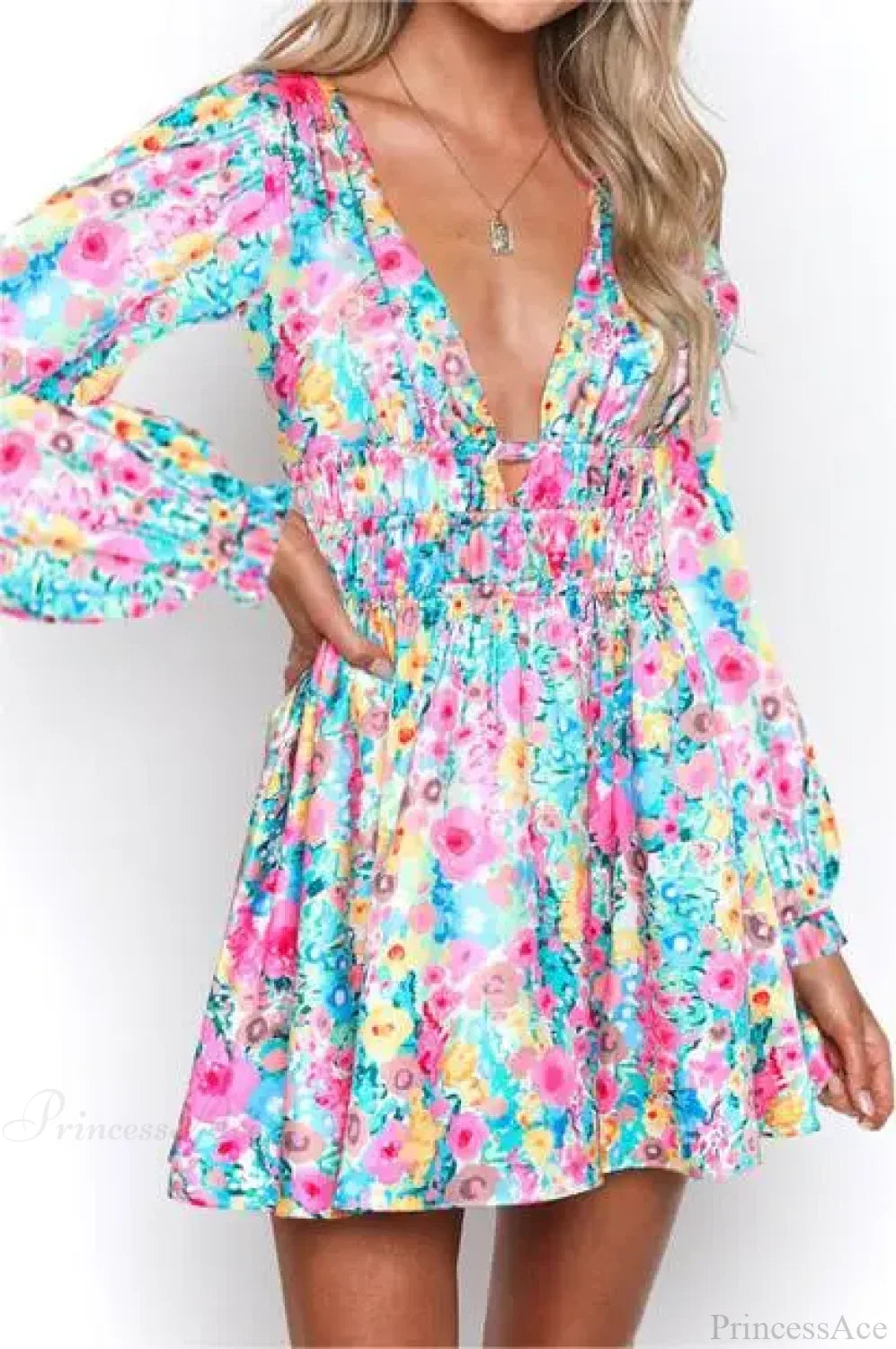 Sexy Rückenfreies Mini-Kleid mit V-Ausschnitt und Blumenmuster