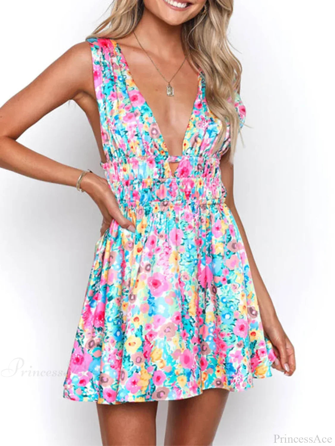 Sexy Rückenfreies Mini-Kleid mit V-Ausschnitt und Blumenmuster