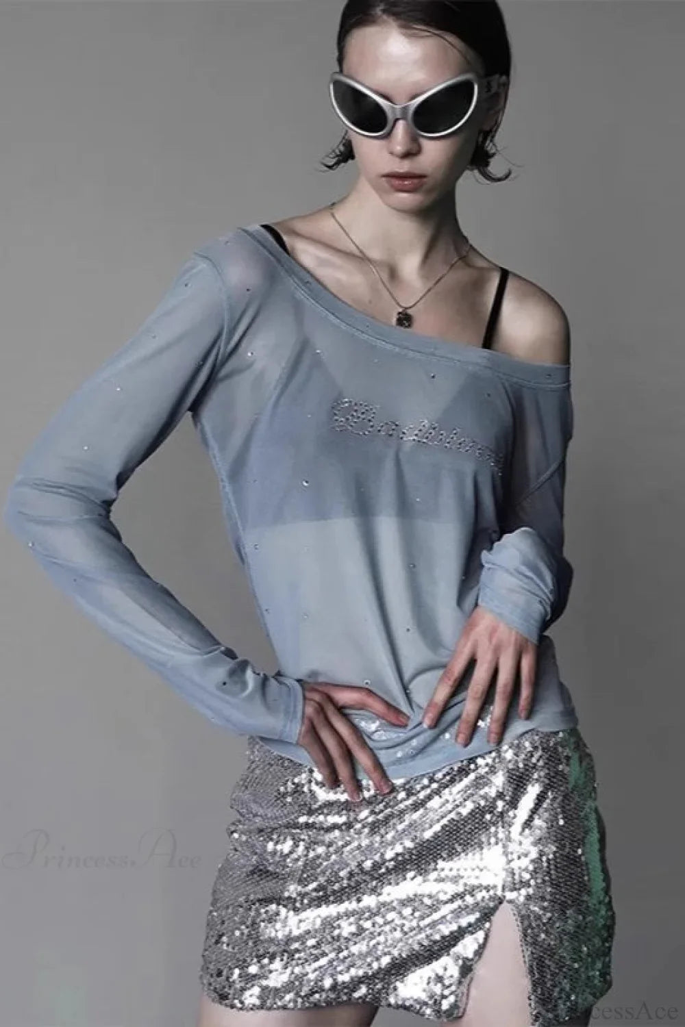 Sexy Rhinestone Embellished Off-the-Shoulder Tulle Blouse