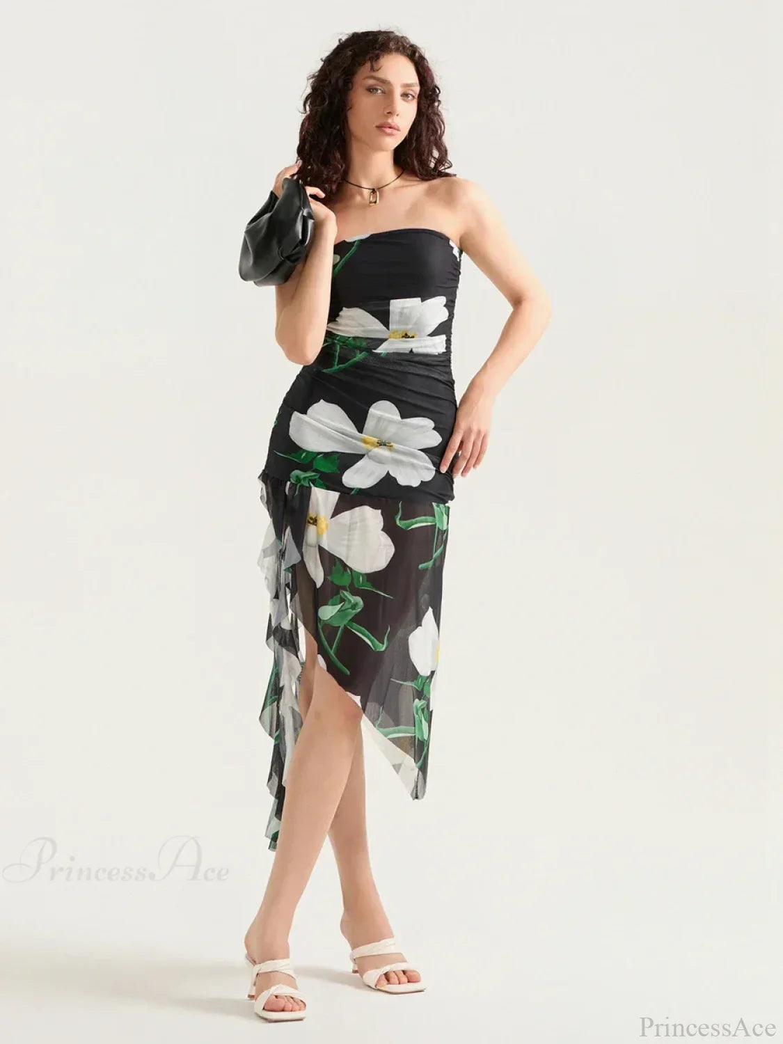Vestido mini floral sexy sin tirantes con volantes y flecos