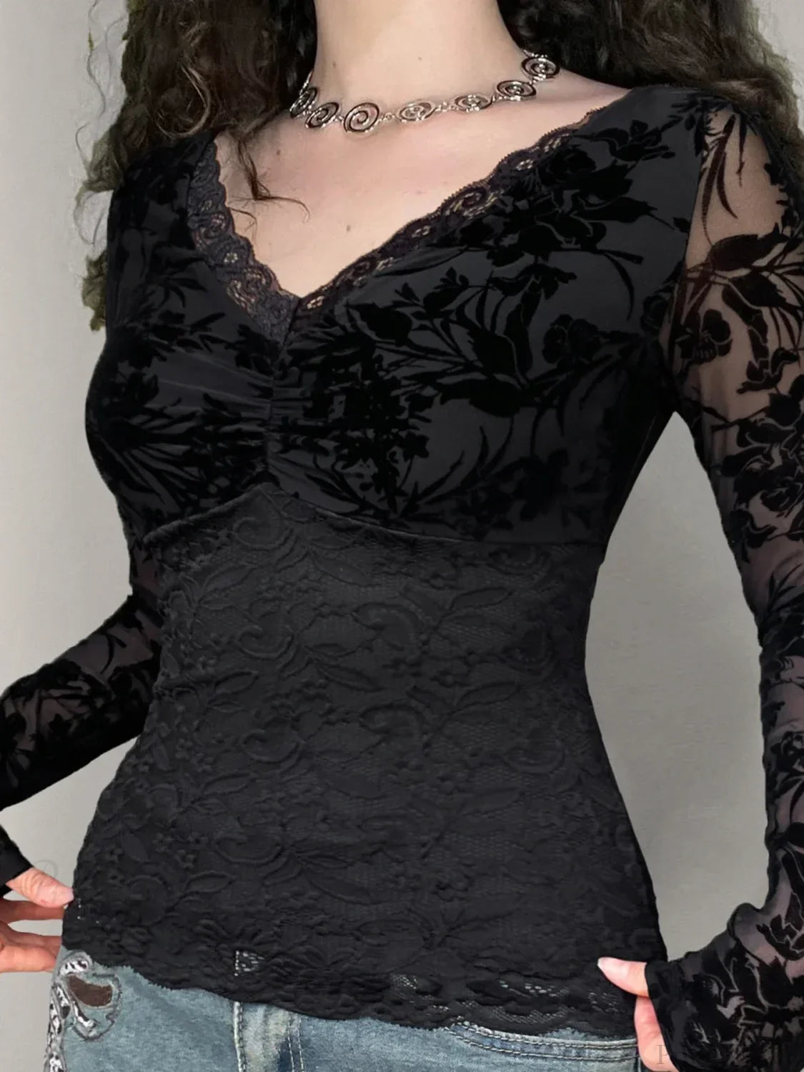 Sheer Lace V-neck Knit Top