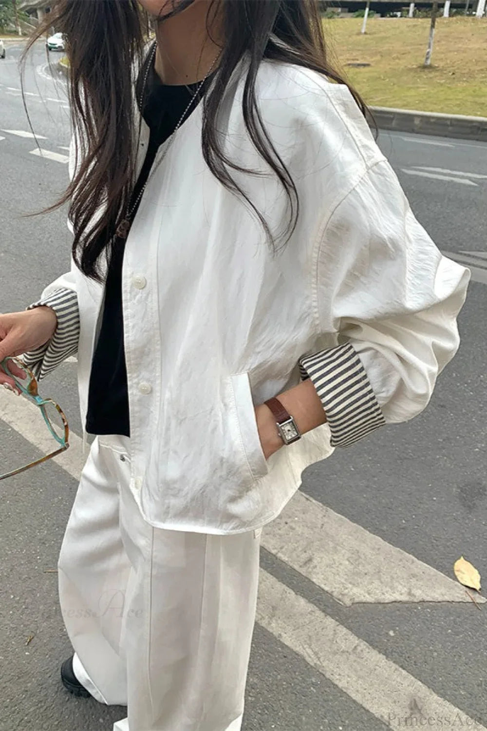 Simple Striped Sleeve Patchwork Casual Jacket