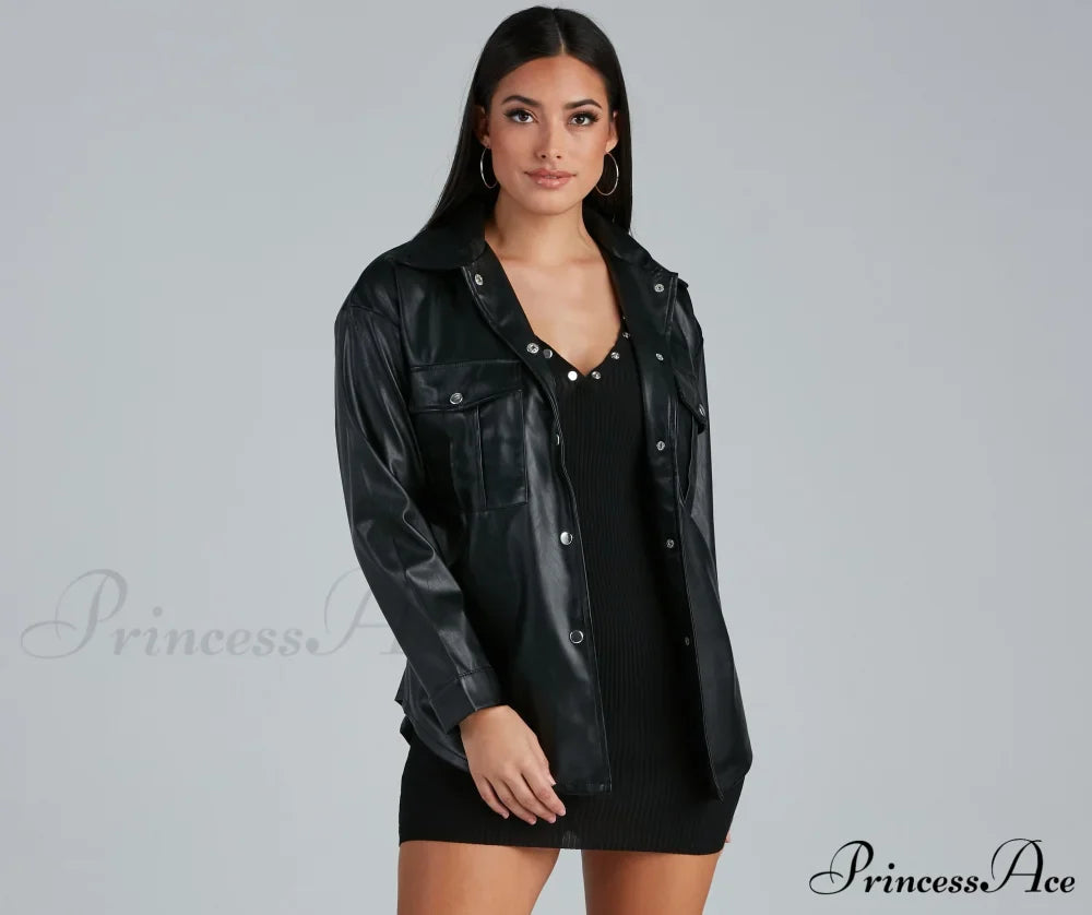 Sleek Trends Faux Leather Tie-Waist Shirt Jacket