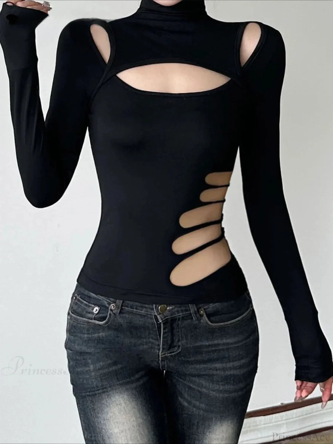 Slim Hollow Out Turtleneck Solid Long Sleeve Knit Top