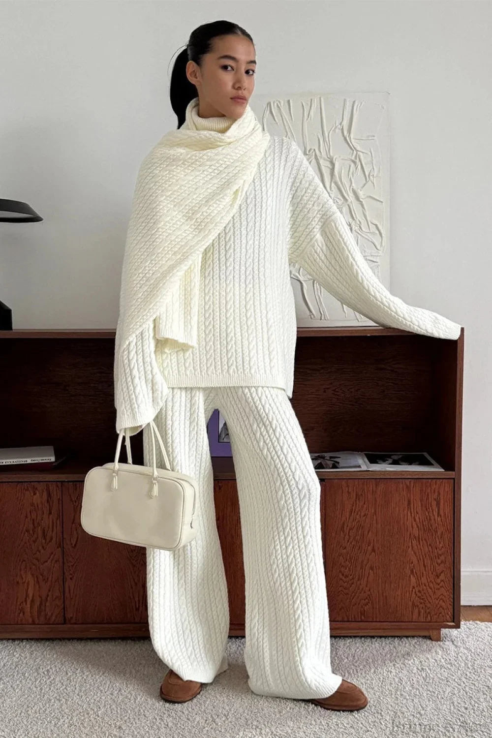 Soft Cable Knit Sweater Pants Two Piece Set