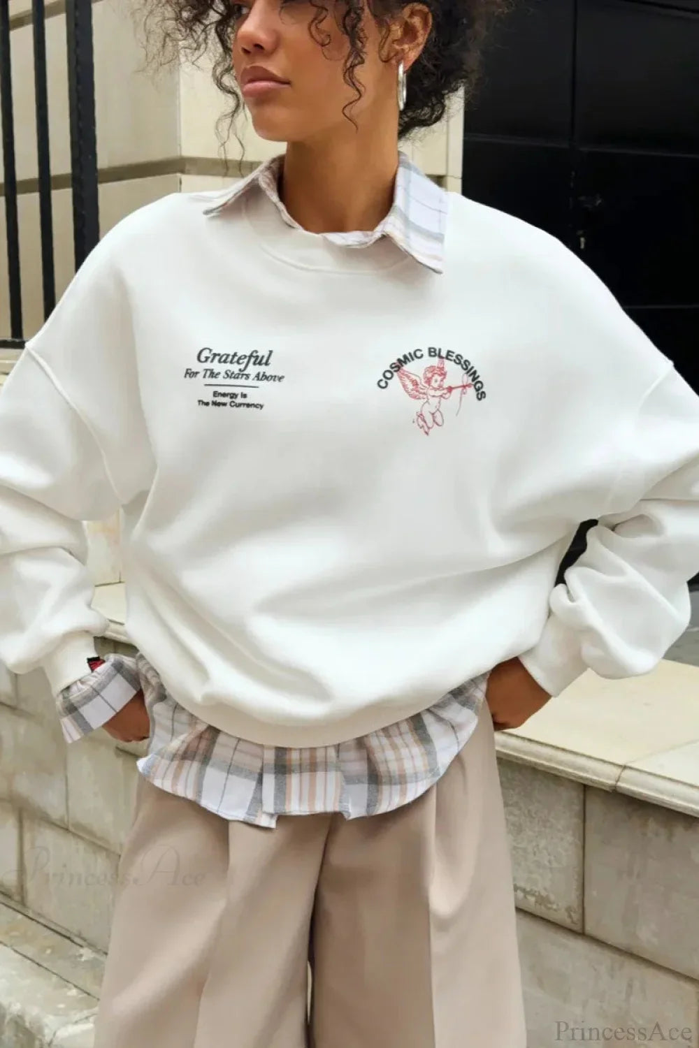 Felpa a girocollo spesso con stampa Angelo solido