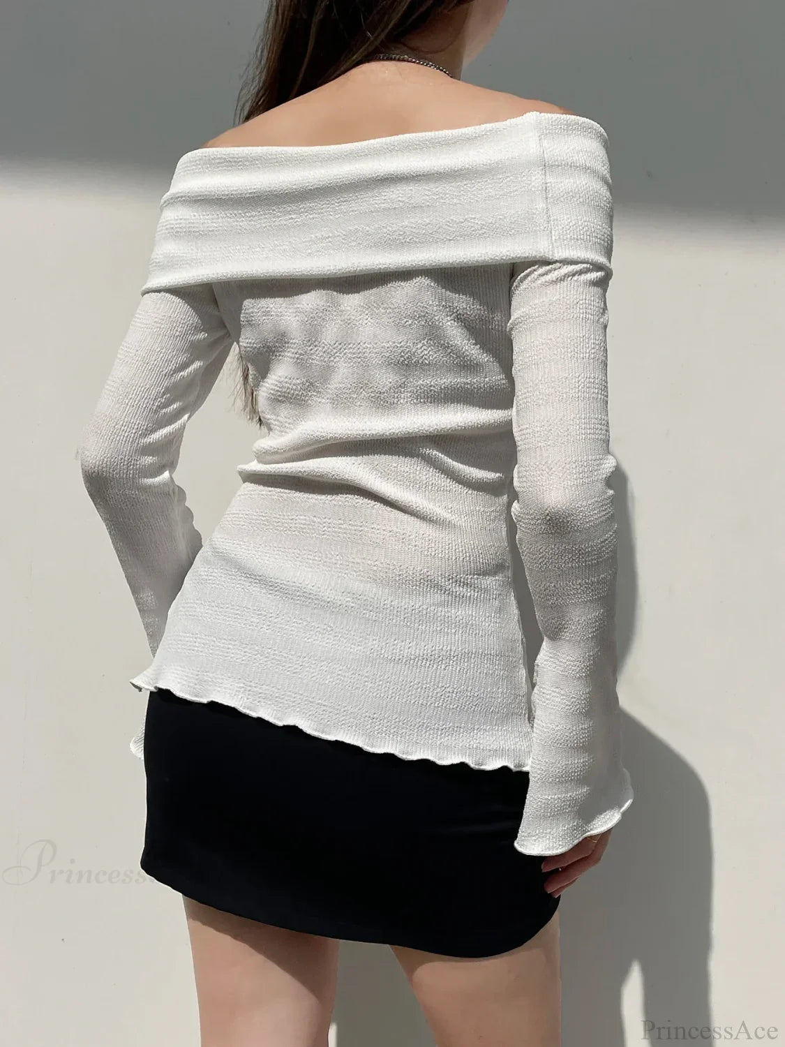 Solid Bow Split Slash Neck Slim Flare Sleeve Long Sleeve Knit Top