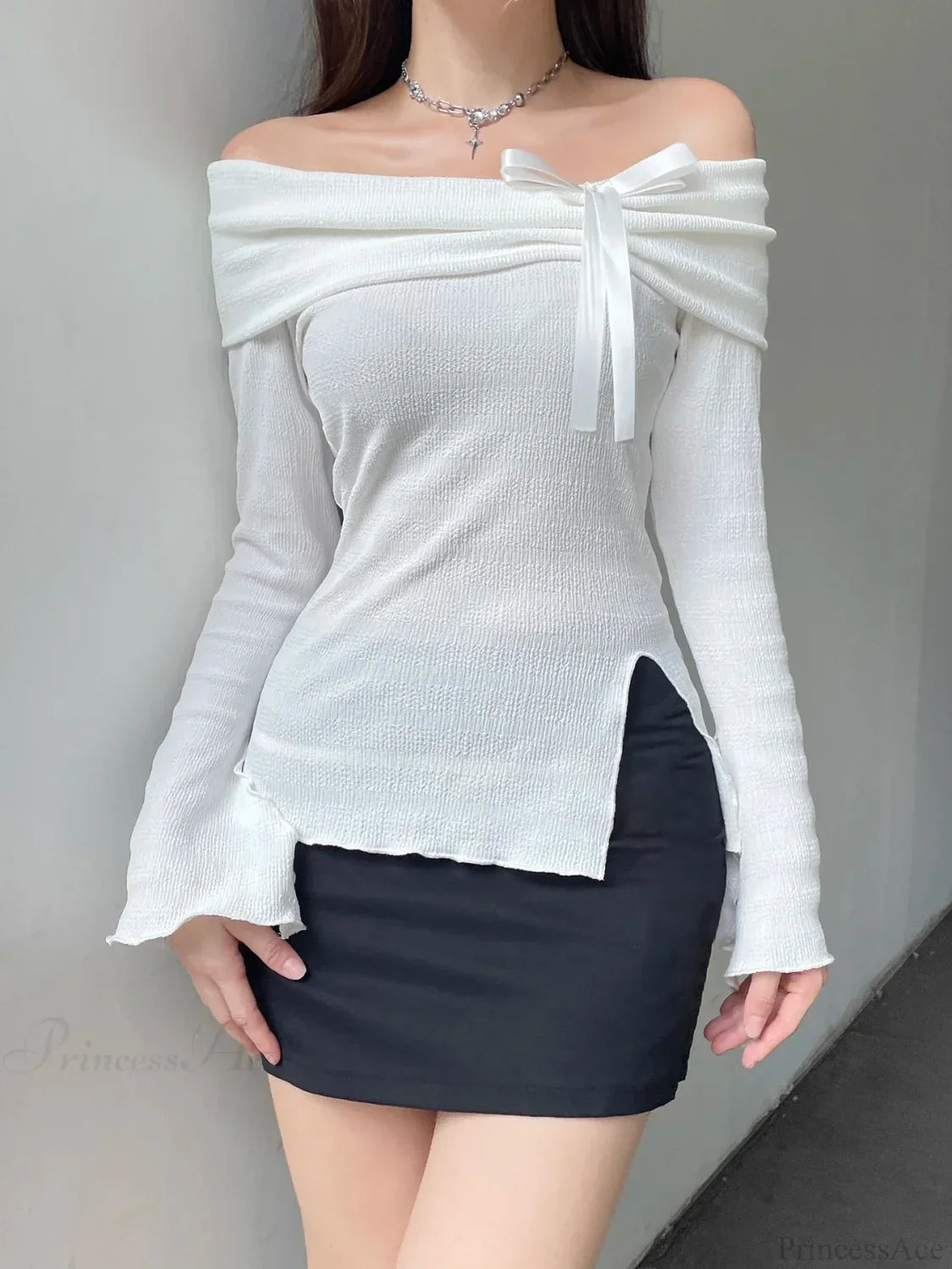 Solid Bow Split Slash Neck Slim Flare Sleeve Long Sleeve Knit Top