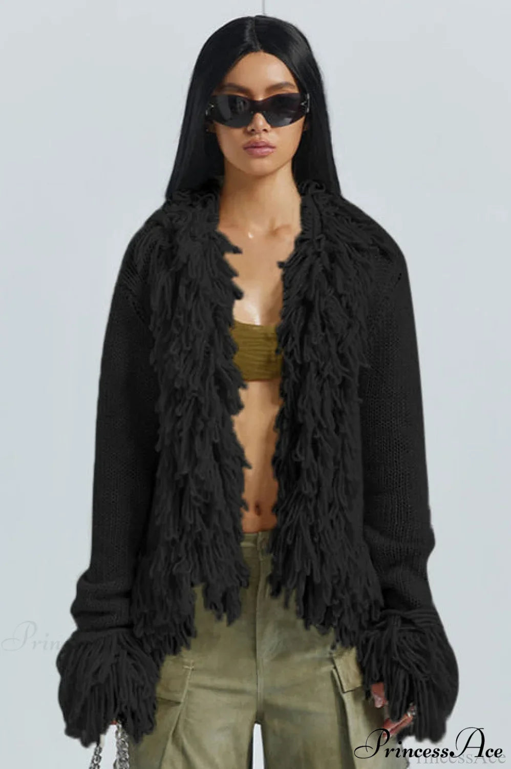 Solid Color Knit Fringe Loose Long Sleeve Cardigan