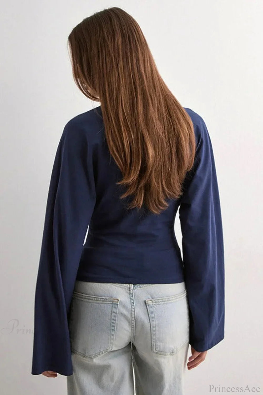 T-shirt à manches longues, col rond uni, manches larges, taille resserrée