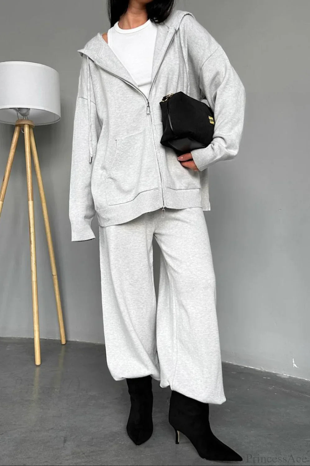 Solid Knit hooded Straight-Leg Two Piece Set