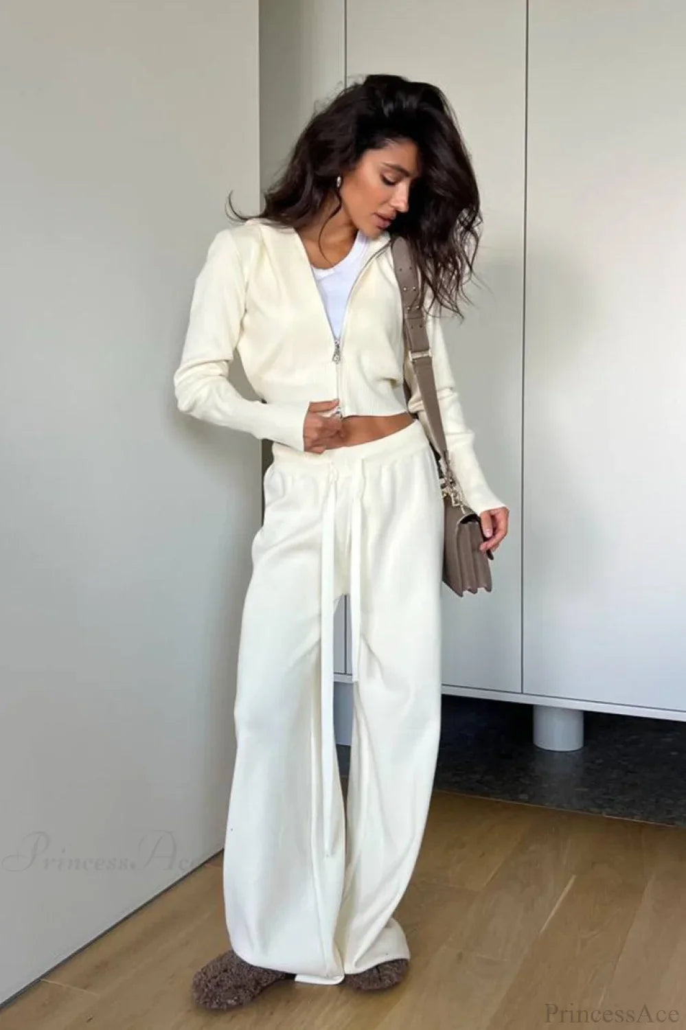 Solid Knit Short Zip Jacket Relaxed Pants Two Piece Set