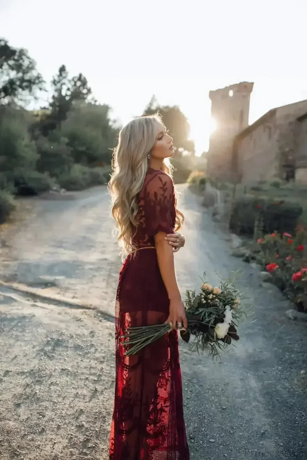 Solid Short Sleeve Lace V-neck Loose Maxi Boho Dress