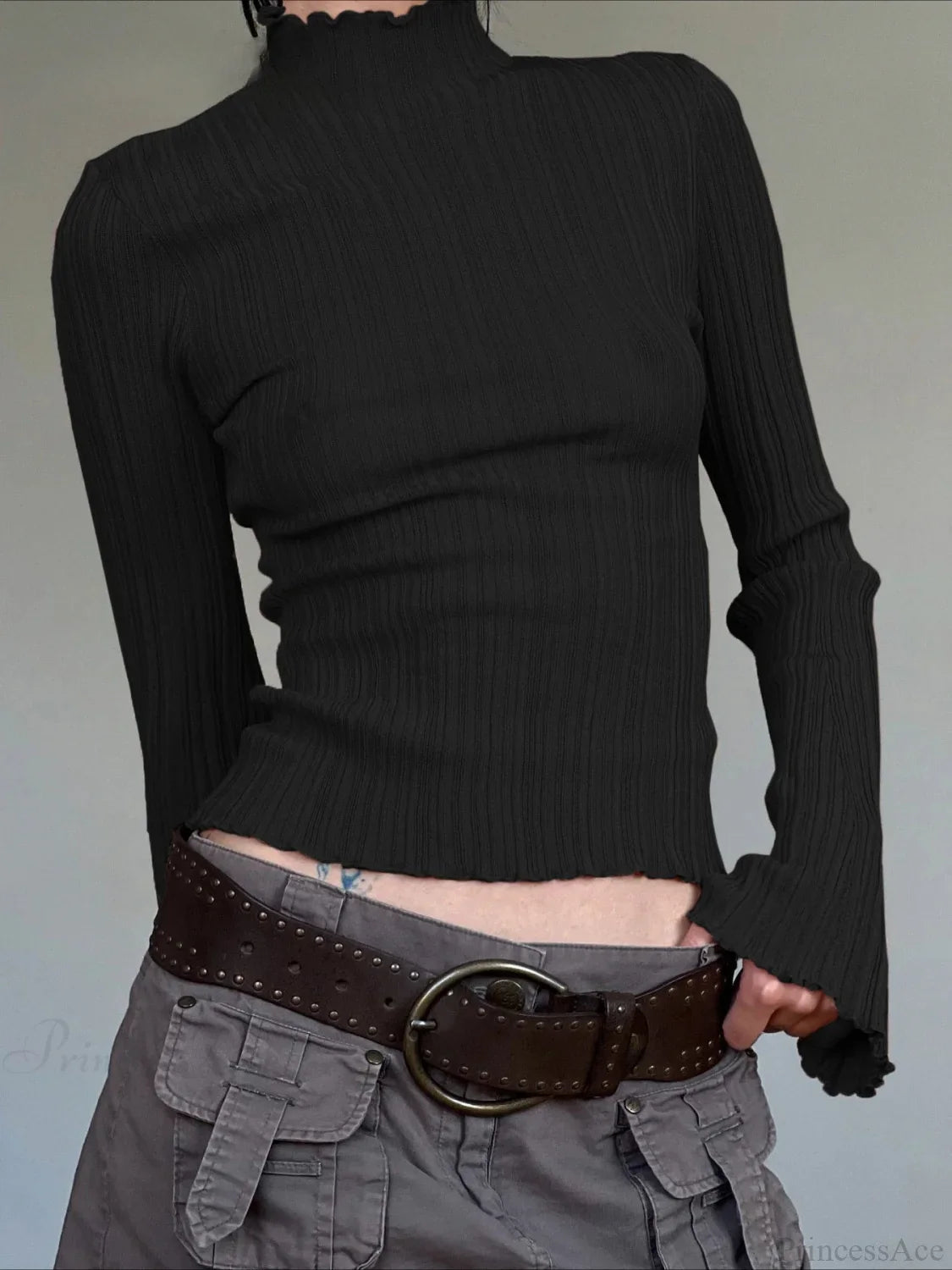 Solid Turtleneck Slim Flare Sleeve Long Sleeve Knit Top