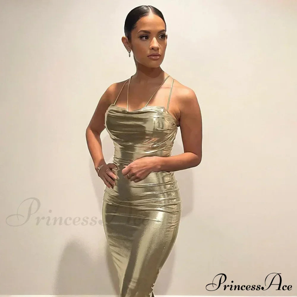 Spaghetti Strap Gold Midi Fashion Wrap Chest Slim Backless Summer Party Club Bodycon Dress