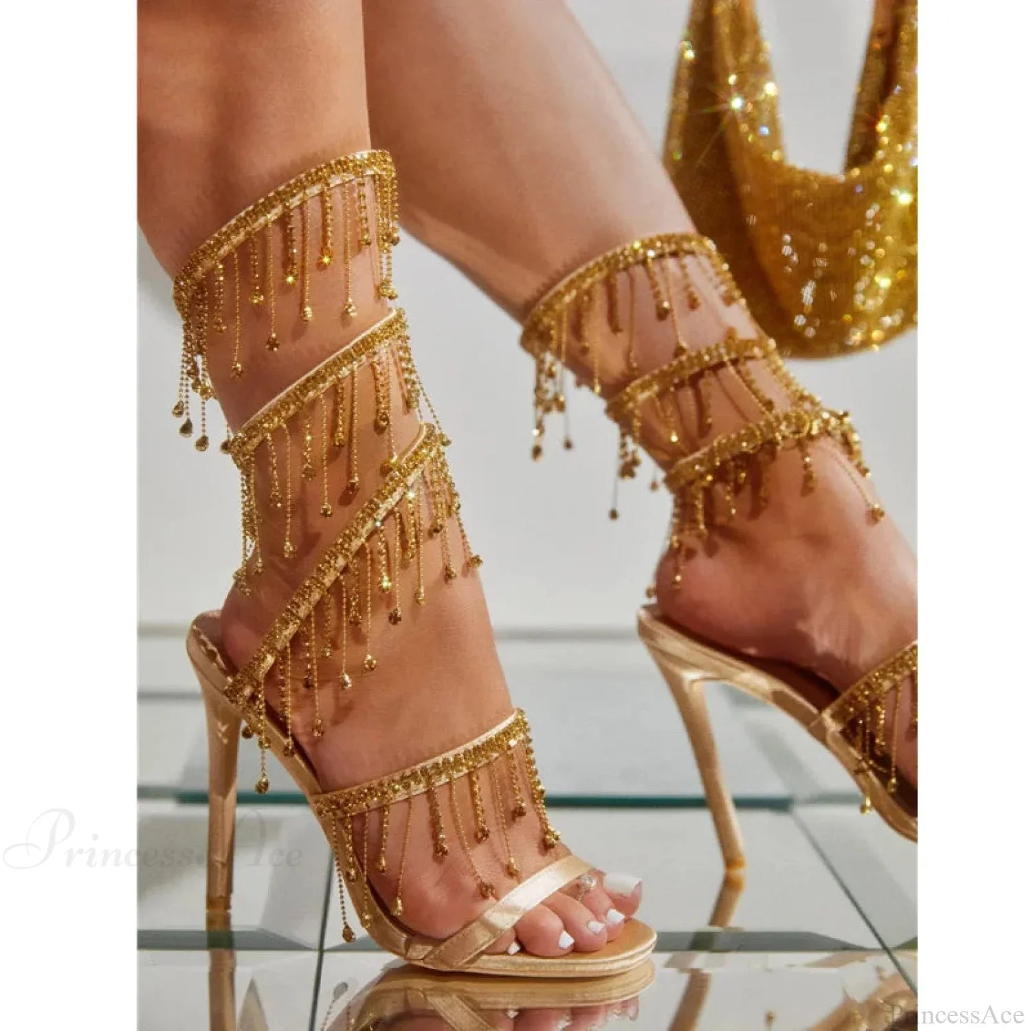 Sparkling Gothic Gilded Crystal Gladiator Sandals Tall Heel