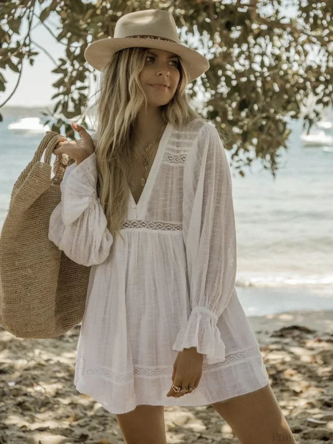 Spliced Lace V-Neck Long Sleeve Cover Up